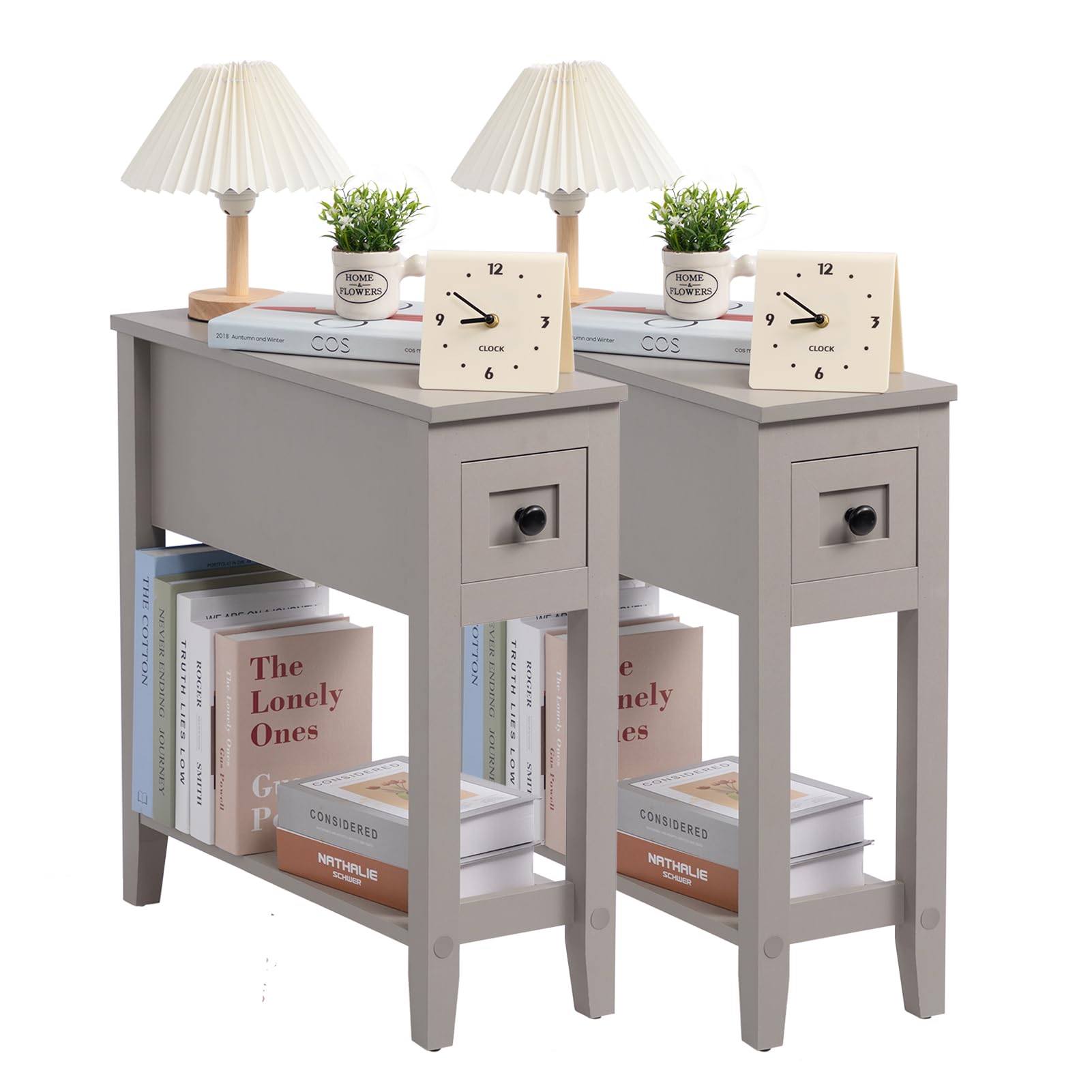 Lusuowlz Gery 2 Pack Chairside Narrow End Table With Drawer, Solid Recliner Side Table With Storage Shelf, Slim Nightstand Bedsi